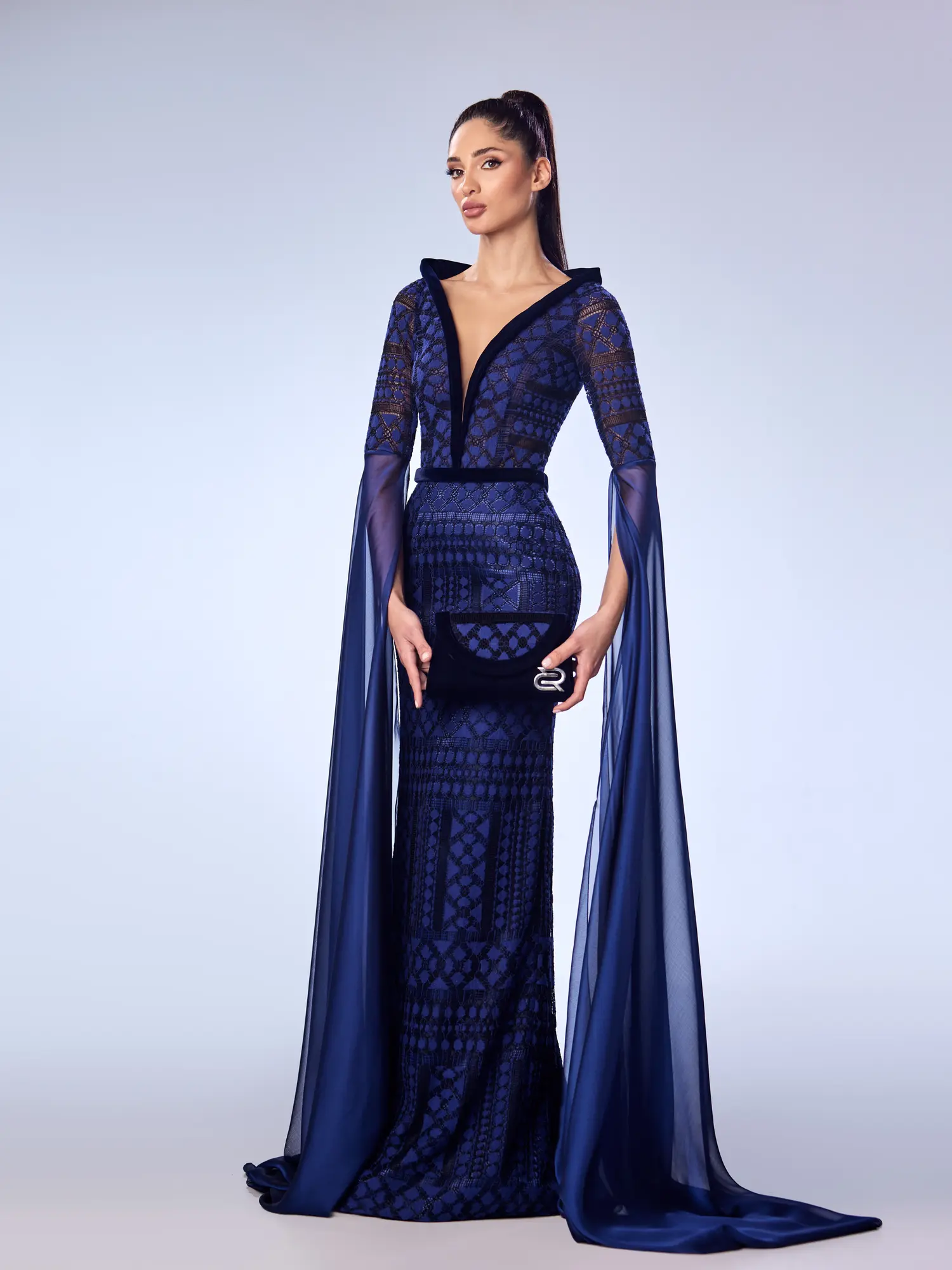 FW43 -V-NECK Lace Gown with Velvet DetalingNavy US 01