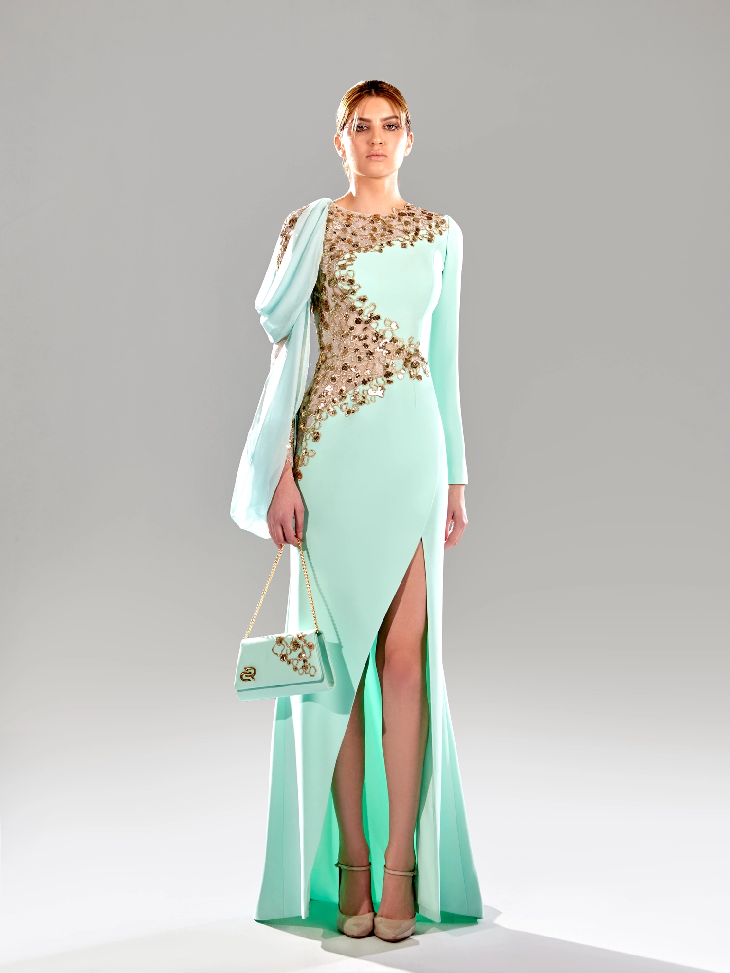 SS 86-Crepe Marrocain With Gold EmbroideryLight Green US 01